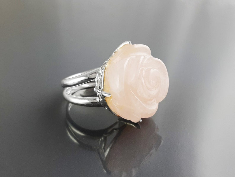 Rose Ring, Sterling Silver made, engraved stone, NATURAL Rose Quartz Gemstone jewelry, Rose flower, Floral design, Birthstone Ring image 3