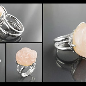 Rose Ring, Sterling Silver made, engraved stone, NATURAL Rose Quartz Gemstone jewelry, Rose flower, Floral design, Birthstone Ring image 6