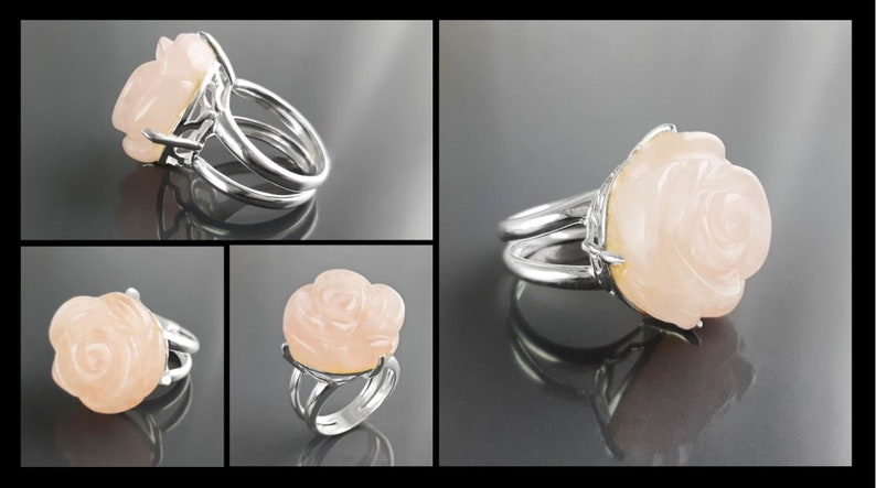 Rose Ring, Sterling Silver made, engraved stone, NATURAL Rose Quartz Gemstone jewelry, Rose flower, Floral design, Birthstone Ring image 6