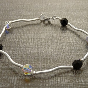 Schwarz weiß Armband, Sterling Silber, Minimalist Armband, Perlen Armband, Cristal Schmuck, Frauen