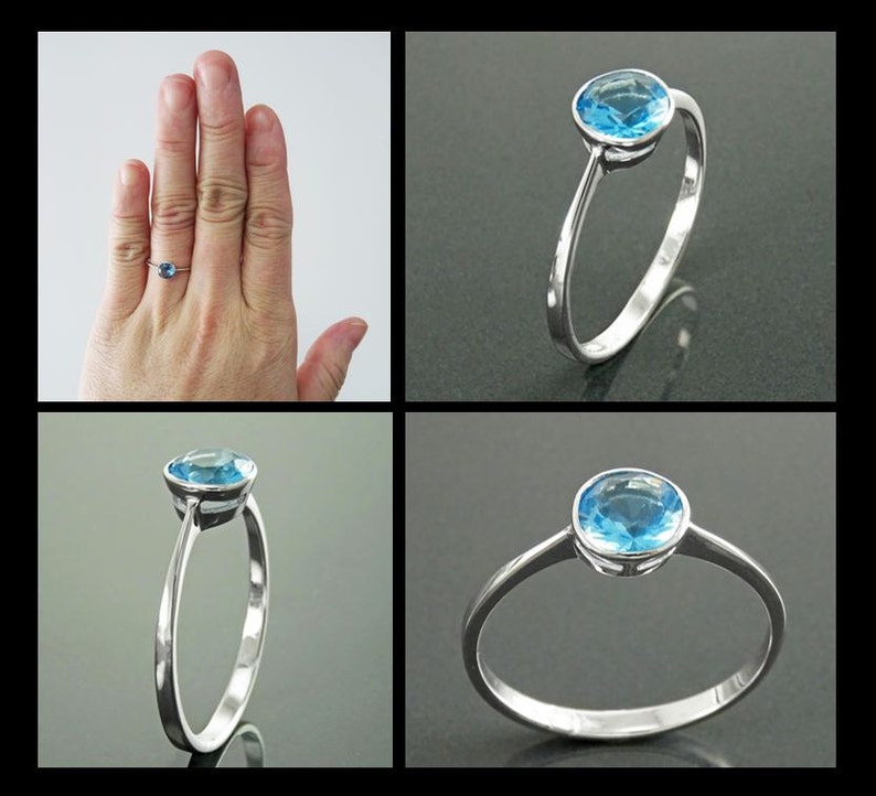 Blue Solitaire Ring, Sterling Silver, Round Stone Closed Bezel Setting Ring, Blue Stone CZ, Easy to Wear Stones Jewelry Solitaire zdjęcie 4