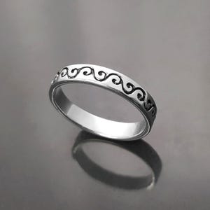 Sterling Silver Wave Ring, Carved Ocean Band, Tattoo Pattern Jewelry