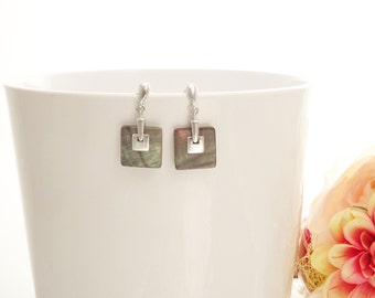 Grey Square Earrings, Sterling Silver, GENUINE Gray Paua Shell Pearl with Rainbow Highlights, Geometric Jewelry, Modern Dangle Earrings