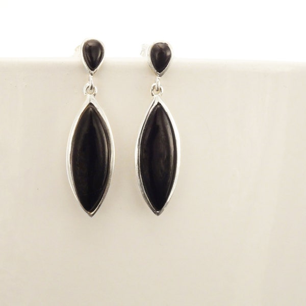 Black Dangle Earrings - Sterling Silver, Oval Almond Shape Onyx Stone, Bright Black Stones Drop Earrings, Modern Geometric Jewelry