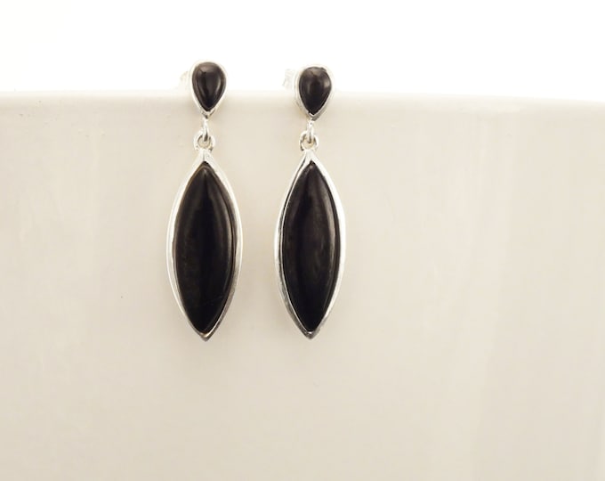Black Dangle Earrings - Sterling Silver, Oval Almond Shape Onyx Stone, Bright Black Stones Drop Earrings, Modern Geometric Jewelry