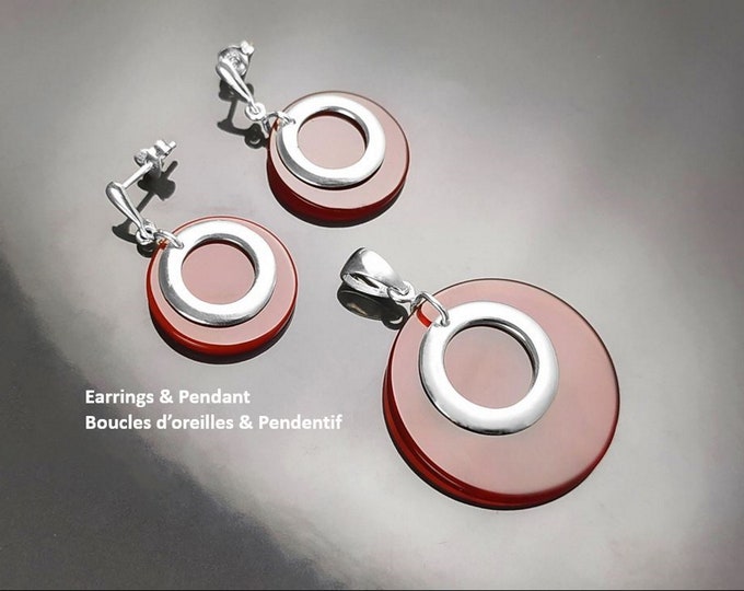 Red Round Earrings Set, Sterling Silver, Red Agate Stone Discs, Modern Dangle Geometric Pendant, Minimalist Women Outfit Jewelry