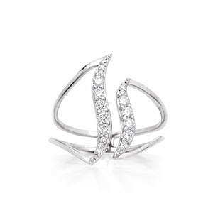 May include: A silver ring with a unique open design. Two curved bands, each lined with small, sparkling clear stones, create a wave-like pattern. The ring has a modern, elegant aesthetic, suitable for everyday wear or special occasions.