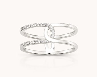 Infinity Crossover Ring • Sterling Silver • Pavé Diamond Cz Double Loop Band • Elegant Jewelry