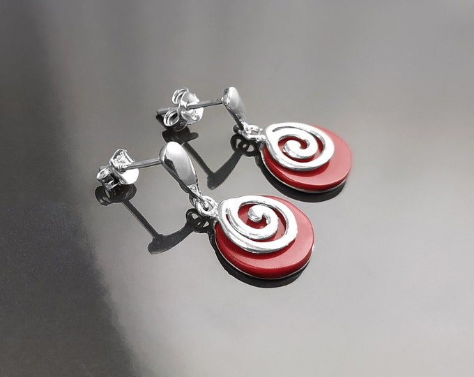 Red round earrings - Sterling Silver 925, Lipstick Red Stone Dangle Earrings, Spiral Design Earrings, Modern Swirl Design Jewelry