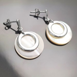 White Round Earrings, Sterling Silver, Genuine Mother of Pearl Shell Flat Discs, Modern Dangle Geometric Earrings, Minimalist Women Jewelry