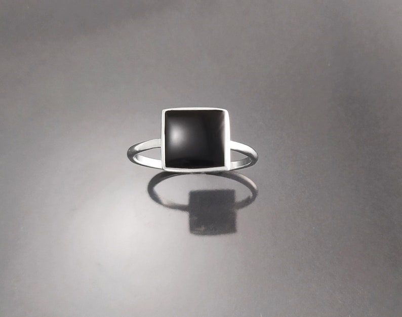 Black Onyx Ring, Stacking Ring Sterling Ring Square Ring Minimalist Ring Affordable Ring Black Stone Ring Dainty Silver Ring. image 1