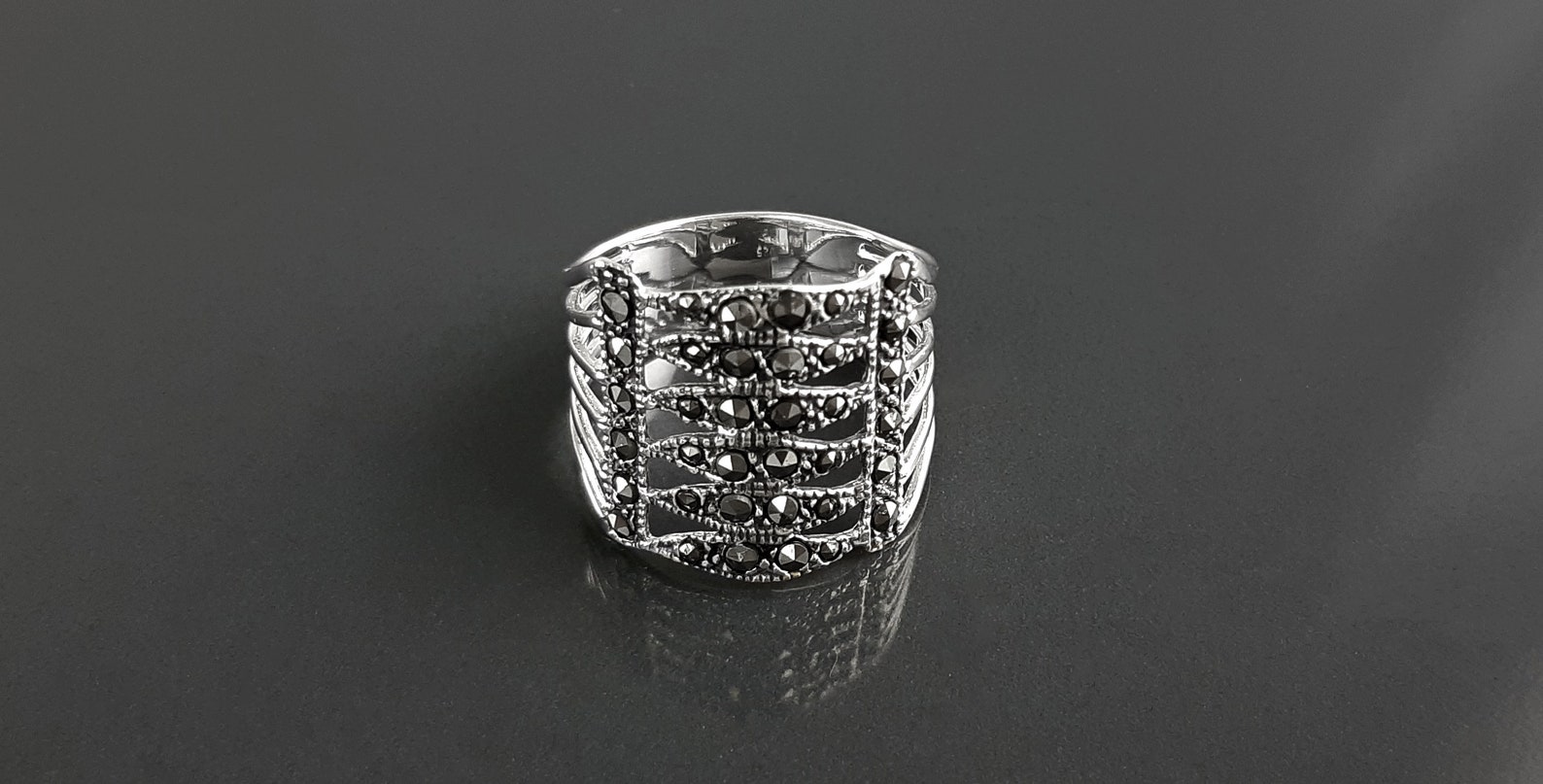 Bague Art Déco En Argent 925 Avec Marcassites - Taille 56 - Occasion, Style Vintage élégant