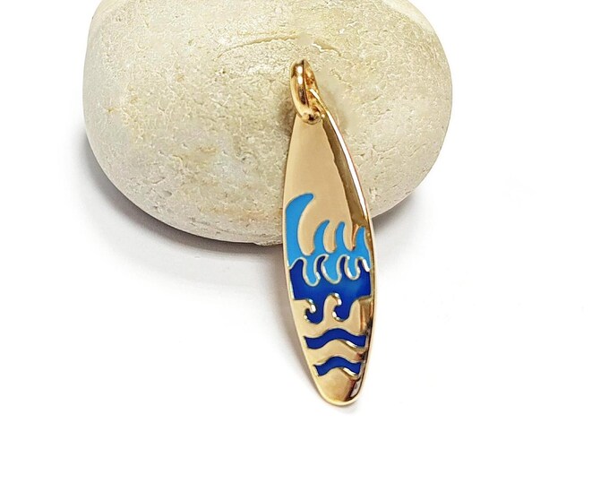 Ocean wave surfboard pendant • 18k gold plated • unique summer beach jewelry • blue carved waves pattern charm necklace • unisex surfer gift