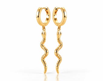 Snake Drop Hoops • 18K Gold plated • Serpent Dangle Charm Hoop Earrings • Nature Animal Jewelry