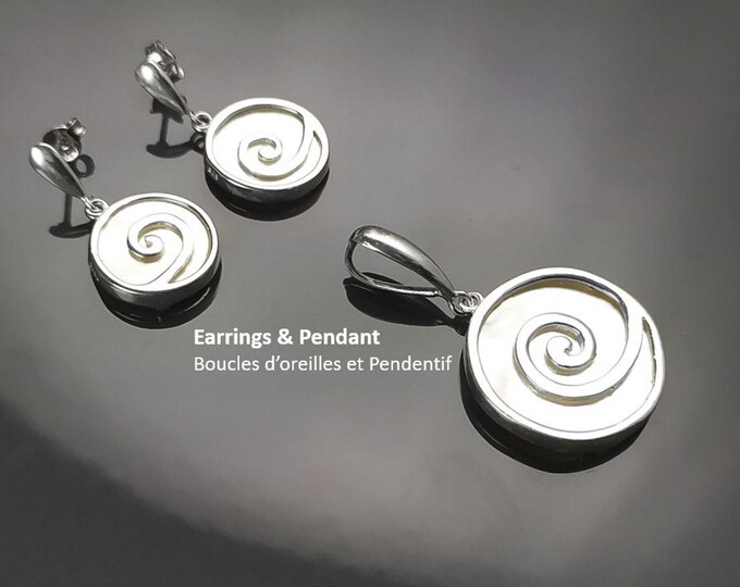 Spiral Earrings Set, Sterling Silver 925, White Mother of Pearl Shell Jewelry, Geometric Round Earrings and Pendant Set, Modern Disc Jewelry