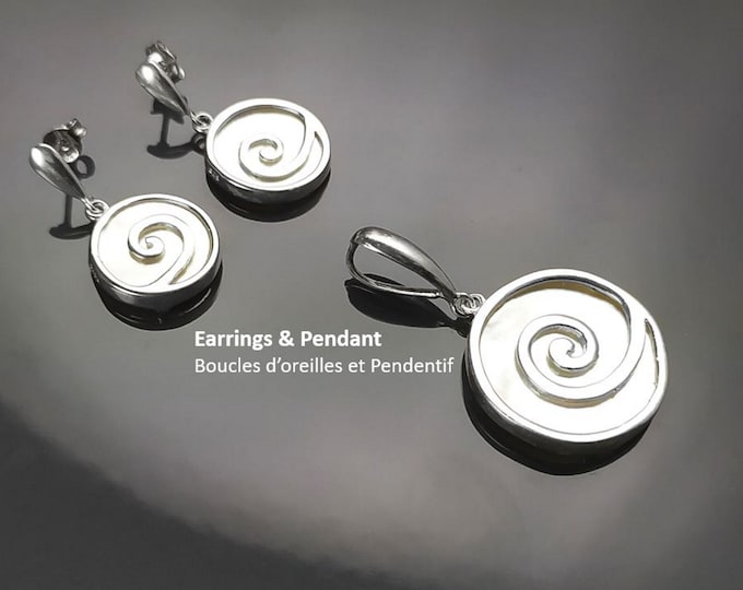Shell Spiral Earrings Set, Sterling Silver 925, White Mother of Pearl Jewelry, Geometric Round Earrings and Pendant Set, Modern Disc Jewelry
