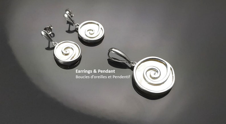 Spiral Earrings Set, Sterling Silver 925, White Mother of Pearl Shell Jewelry, Geometric Round Earrings and Pendant Set, Modern Disc Jewelry image 1