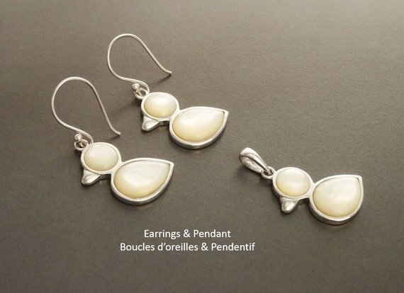 Bird Earrings, Sterling Silver, Animal, Earrings Set, genuine White Mother-of Pearl Shell, Duck Earrings Set, Cute birdy Pendant
