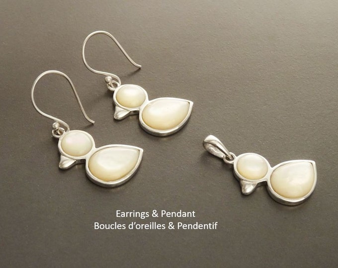 Bird Earrings, Sterling Silver, Animal, Earrings Set, genuine White Mother-of Pearl Shell, Duck Earrings Set, Cute birdy Pendant