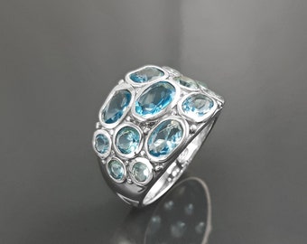 Anello di colore blu topazio, anello in argento sterling, intricato design Boho, pietra di forma ovale, anello antico, anello Boho unico,