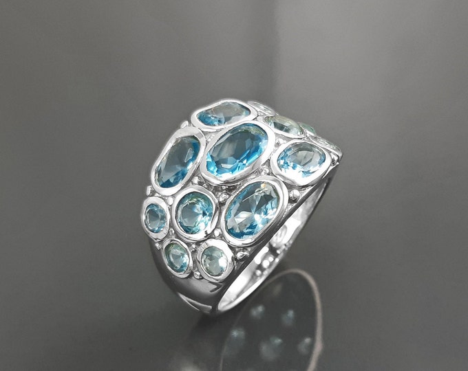Topaz Blue Color Ring, Sterling Silver Ring, Intricate Boho Design, Oval shape Stone, Antique Ring, Unique Boho Ring,