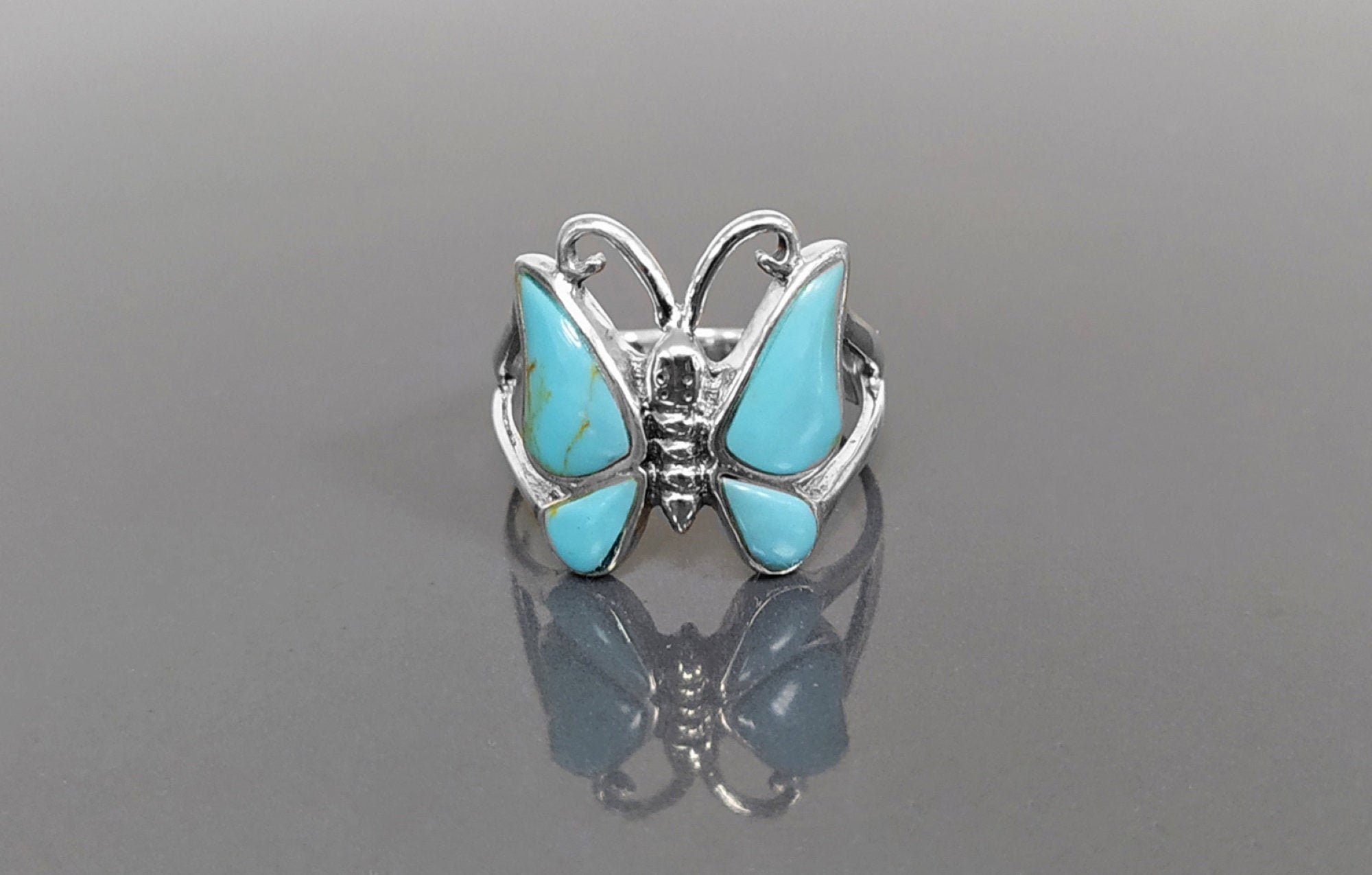 Butterfly Turquoise Ring, Sterling Silver, Butterflies Jewelry, Blue