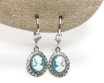Pendientes de camafeo de plata de ley: resina azul y blanca, estilo vintage.