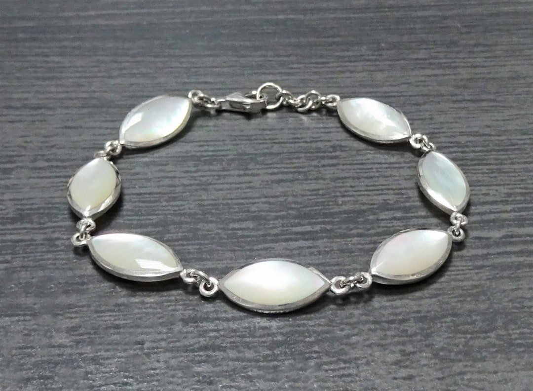 White Oval Bracelet, Sterling Silver, Genuine Mother of