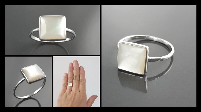 Chevalière En Argent Massif Avec Carré De Nacre Blanc - Taille 54 - Occasion