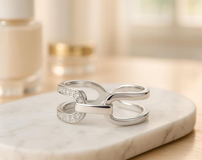 Modern Link Ring • Sterling Silver Double Open Band • Statement CZ stones Jewelry • Everyday Minimalist Stacking Ring • Dainty Gift for Her