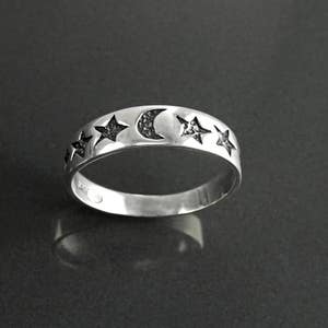 Moon Stars Band Ring, Sterling Silver, Crescent Moon, Twinkle Cluster of Stars, Starry Constellation Jewelry, Nebula Ring, Shooting Star image 1