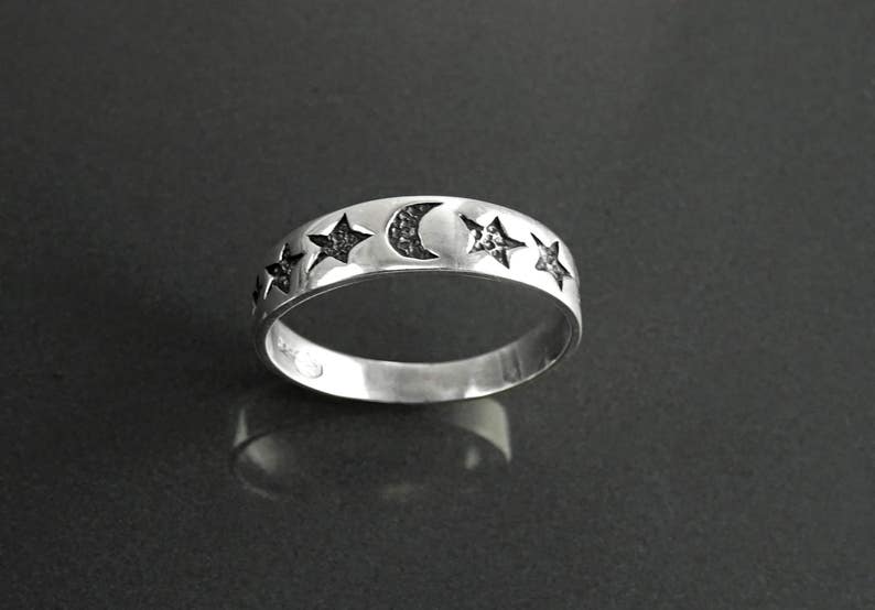 Moon Stars Band Ring, Sterling Silver, Crescent Moon, Twinkle Cluster of Stars, Starry Constellation Jewelry, Nebula Ring, Shooting Star image 1