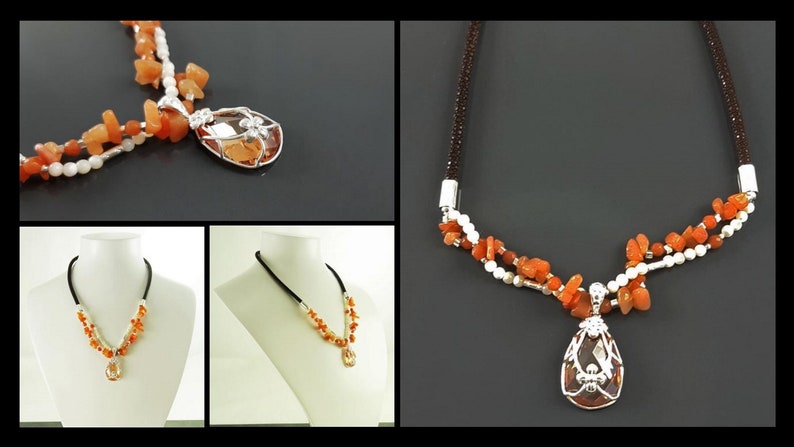 Collier Ras de Cou Agate Véritable, Argent 925, Collier Torque Cuir Galuchat, Perles, Nacre, Dessin Fleur, Zirconia, Pendentif, Agate Orange image 9