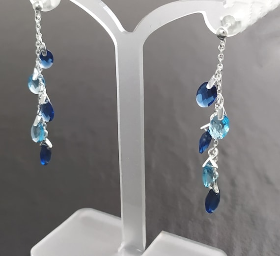 Boucles D'oreille Pendantes Cristal Bleu & Argent 925 - Marque Tres.Or, Neuf étiqueté