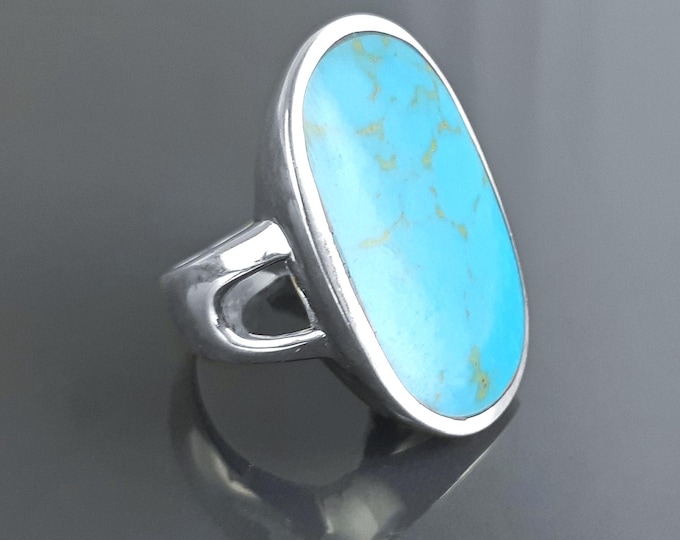 Blue Turquoise Ring, Sterling Silver, Turquoise Flat Stone, Original Rectangle Oval Form Ring, Modern Designer Setting Shape Jewelry