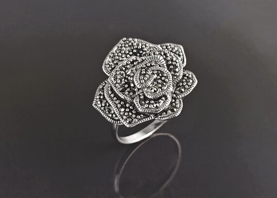 Rose Ring Sterling Silver Marcasite Jewelry Vintage Romantic Rose Flower Blossom Bold Antique Design Style Ring Etsy