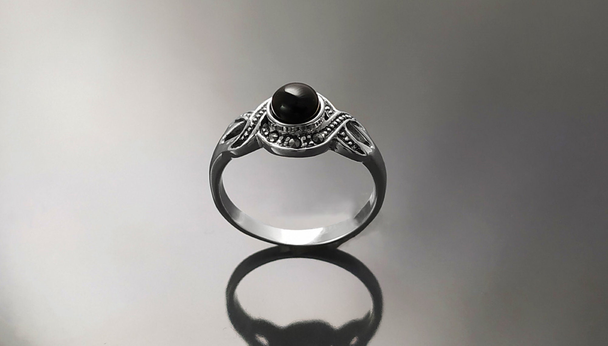 Art Deco Black Onyx Stone Ring, Sterling Silver, Waves Infinity Marcasites  Ring, Round Onyx, Antique Retro Inspired Stone Jewelry -  Finland