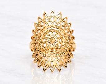 Mandala Sun Ring • 18K Gold plated • Statement Openwork Armor Dome Band • Boho Filigree Jewelry