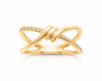 Crossover Ring • Gold plated 18K • Diamond Cz Knot Wrap Band • Minimalist Open Criss Cross Design Jewelry