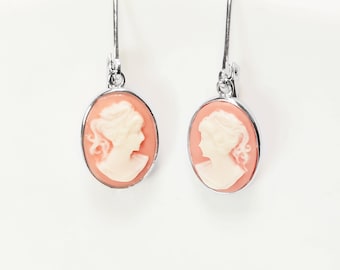Sterling Silver Cameo Earrings, Vintage Victorian Woman Portrait Resin Stone, Dangle 925