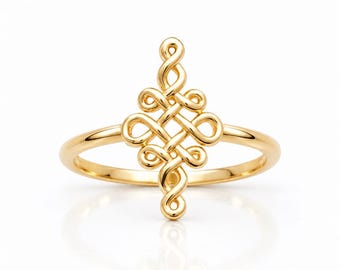 Celtic Vertical Knot Ring • 18K Gold plated • Good Luck Symbol Motif • Everyday Jewelry