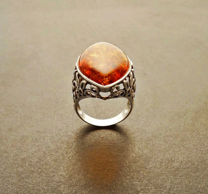 Amber Ring, Sterling Silver Ring, Genuine Amber Gemstone Ring, Filigree ...