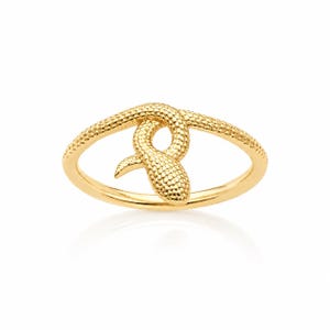 May include: A gold ring featuring a textured snake design that wraps around the band. The snake has a detailed, scaly surface pattern and is positioned so that its head and tail meet at the center of the ring, creating a continuous loop.