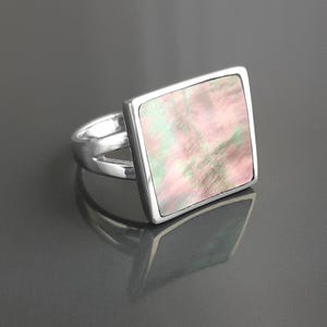 Square Ring, Sterling Silver, Curved Square Stone Ring, Genuine Grey Paua Shell jewelry, Modern Geometric Ring, Rainbow Color, Gray