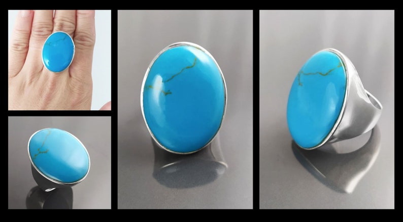 Turquoise Ring, Sterling Silver, Blue Turquoise Stone, Original Oval Form Jewelry, Unique Statement Modern Ring image 2