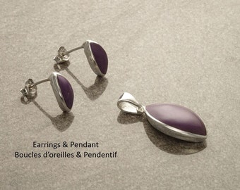 Purple Earrings, Sterling Silver, Oval Stone, Minimalist Jewelry, Small Stud set, Purple Stone Pendant, Modern Earrings Necklace set