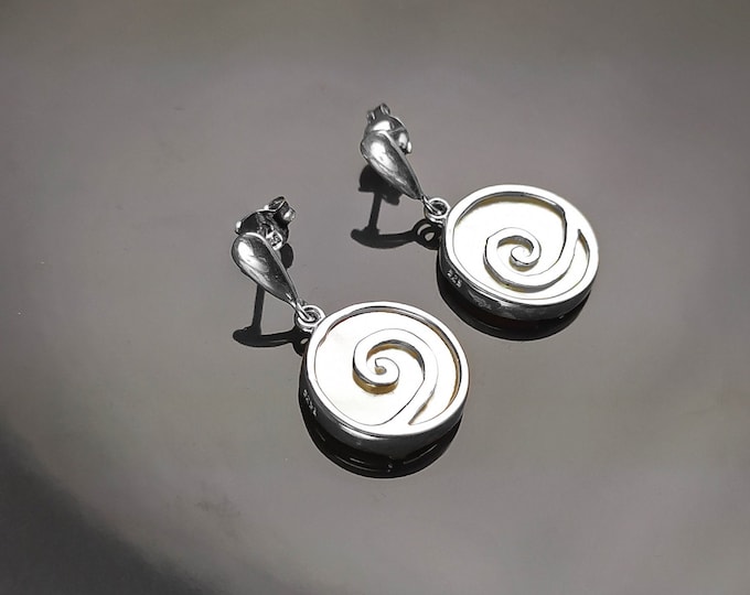 White Round earrings Sterling Silver- Spiral Dangle Earrings - Mother of Pearl Shell Jewelry - Modern Stone Earrings