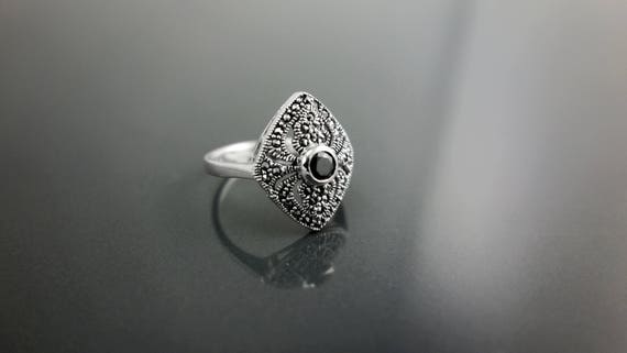 Dainty Marquise Marcasite Ring Sterling Silver Vintage Ring Lab