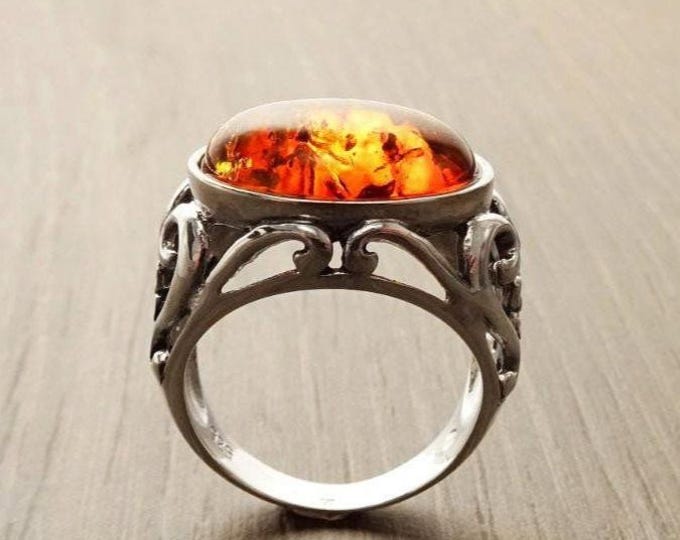 Amber Ring, Sterling Silver, Boho Vintage Design Jewelry, Horizontal Oval Stone, Genuine Amber Gemstone, open-work Lace Filigree Setting
