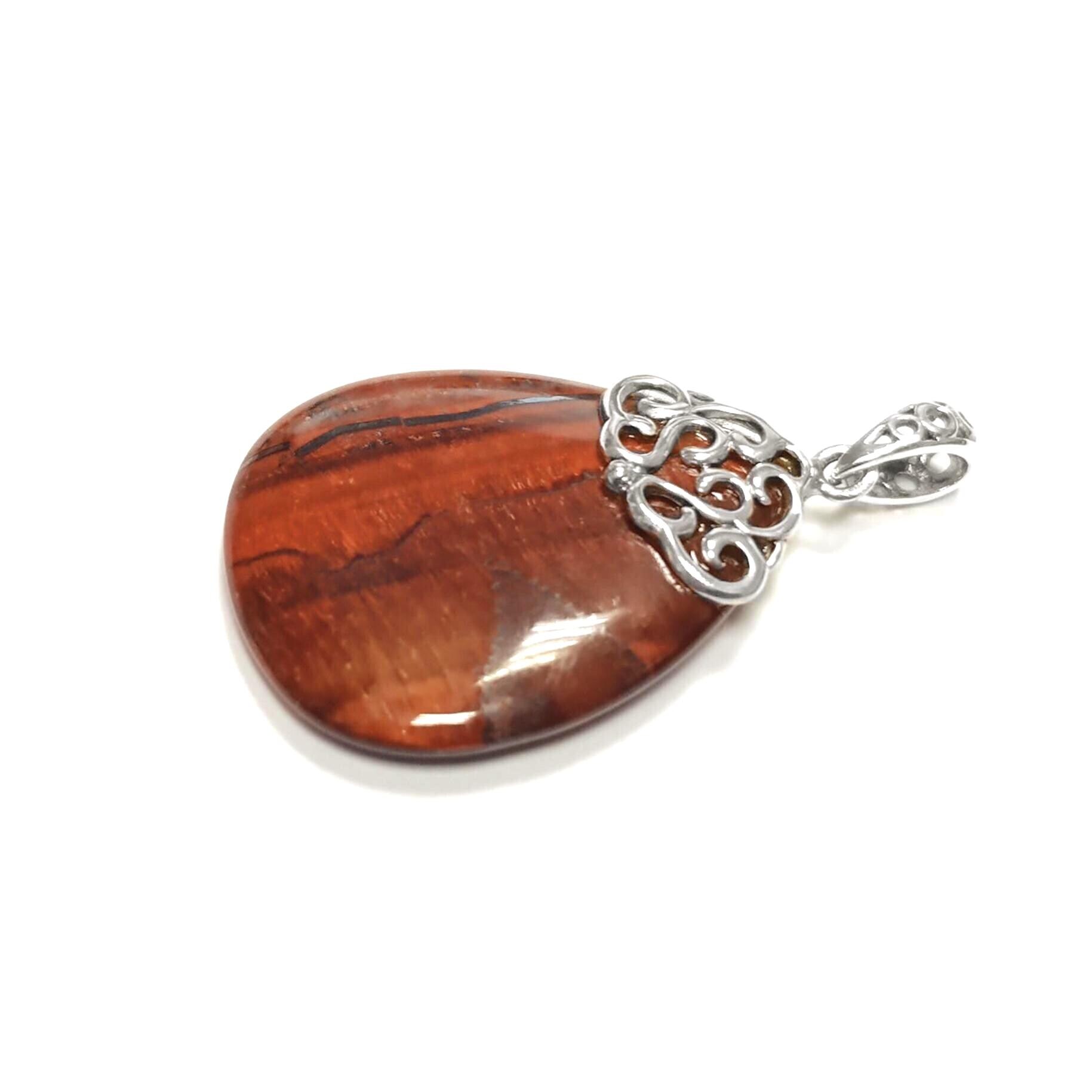 Pendentif Ancien Oeil De Tigre Sur Chaîne Longue En Argent 835 - Occasion - Très Joli !